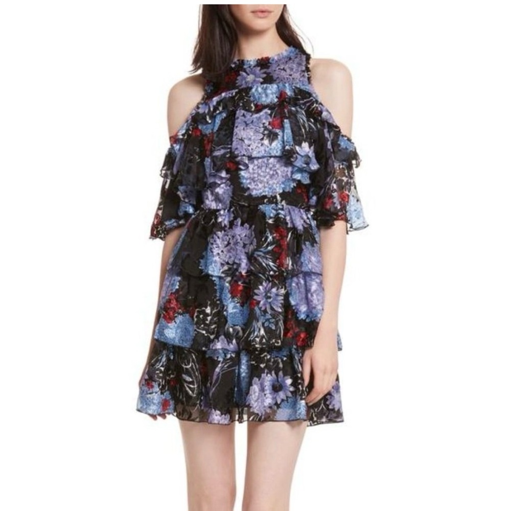 Alice + Olivia Nicola Floral Cold-Shoulder Tiered Mini Dress in Purple Blue Red